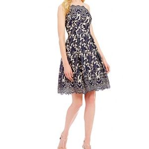 London Times Navy and Cream One-Shoulder Lace Fit-and-Flare Dress